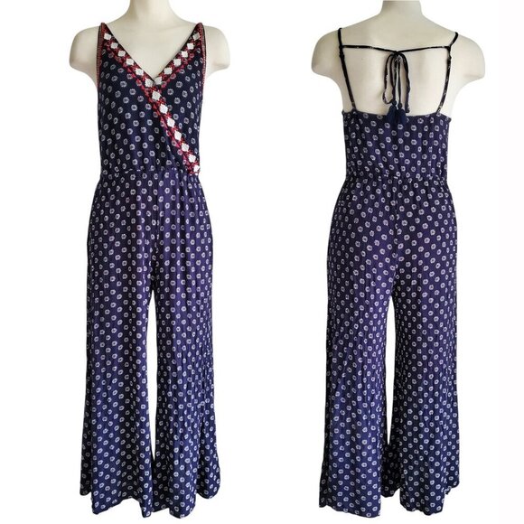 1. State Gypsy Night Embroidered Navy V-Neck High-Slit Wide-Leg Jumpsuit Size S - Picture 3 of 16